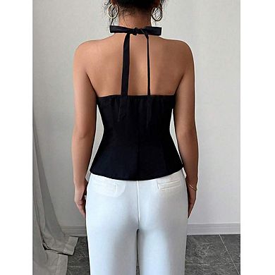 Women's Halter Neck Sleeveless Vest Button Down Asymmetric Hem Tops