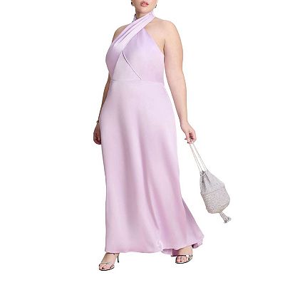 maxi plus size satin dress Xpluswear Design Plus Size Formal Purple V Neck Long Sleeve Split See  Through Lace Satin Maxi Dresses