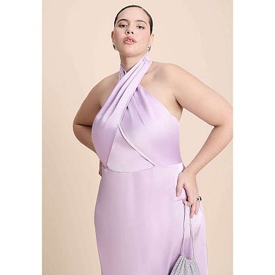 ELOQUII Women's Plus Size Halter Neck Satin Maxi Dress