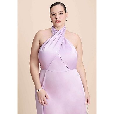 ELOQUII Women's Plus Size Halter Neck Satin Maxi Dress