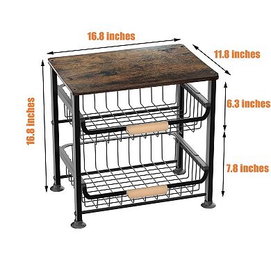 3-Layer Metal & Wood Kitchen Storage Rack with Pull-Out Baskets
