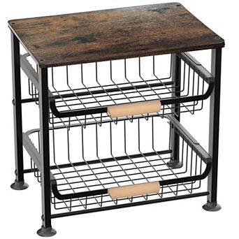 3-Layer Metal & Wood Kitchen Storage Rack with Pull-Out Baskets