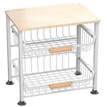 3-Layer Metal & Wood Kitchen Storage Rack with Pull-Out Baskets