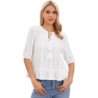 Boho Top for Women's Eyelet Tops Embroidery Half Sleeves Fall Peplum Blouse