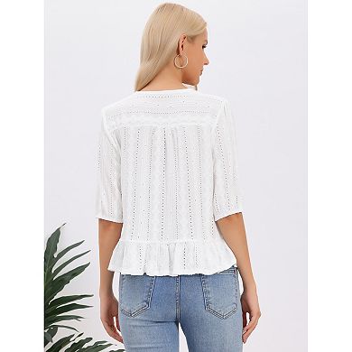 Boho Top for Women's Eyelet Tops Embroidery Half Sleeves Fall Peplum Blouse