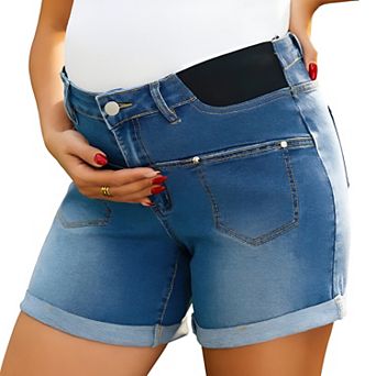 Women's Maternity Shorts A-Line Adjustable Waist Over Belly Postpartum Summer Pregnancy Jeans Shorts