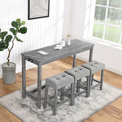 Merax Industrial Style Bar Table & 3 Stool Set Imitation Wood Grain Space Upholstered Stools