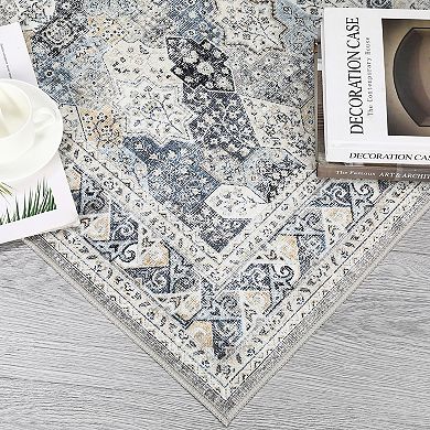 Medallion Area Rug Non Slip Foldable Low Pile Pet Friendly Floor Cover for Living Room Kitchen