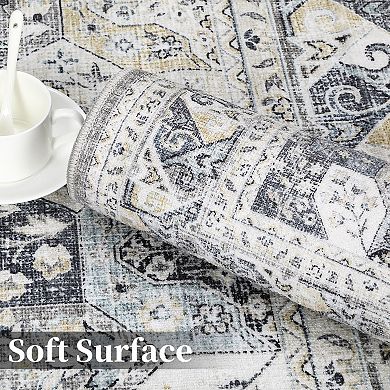 Medallion Area Rug Non Slip Foldable Low Pile Pet Friendly Floor Cover for Living Room Kitchen