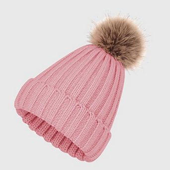 Women's Cable Knit Beanie with Faux Fur Pom-Pom - Warm Stretchy Winter Hat for Casual Daily Wear
