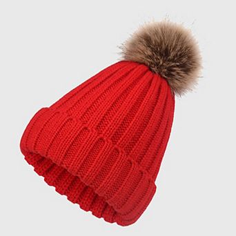 Women's Cable Knit Beanie with Faux Fur Pom-Pom - Warm Stretchy Winter Hat for Casual Daily Wear
