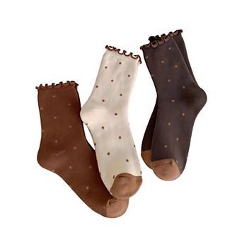 3-Pair Sheer Crew Socks with Polka Dot Pattern Ruffle Cuff Lightweight Dressy Giftable Sock Set
