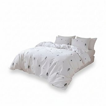 Queen White & Grey Cotton Duvet Cover, Forest Print 3 pc Set Soft & Breathable