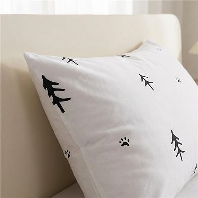 Queen White & Grey Cotton Duvet Cover, Forest Print 3pc Set Soft & Breathable