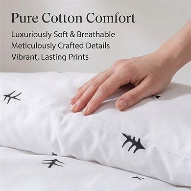 Queen White & Grey Cotton Duvet Cover, Forest Print 3pc Set Soft & Breathable