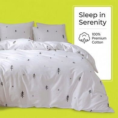 Queen White & Grey Cotton Duvet Cover, Forest Print 3pc Set Soft & Breathable