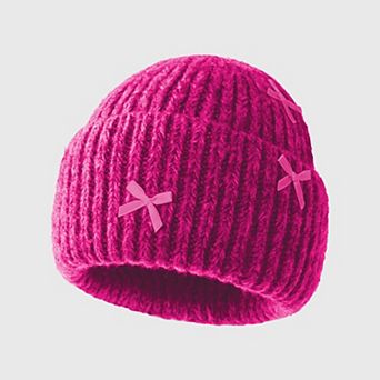Women's Ribbed Knit Beanie with Bow Accents - Cute Soft Winter Hat for Casual Daily Wear