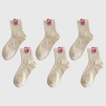 Women's 6 pk Speckled Socks with Bunny Embroidery - Cute & Comfortable Mid-Calf Socks for Casual Wear