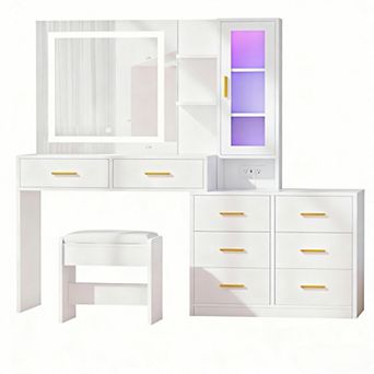51.8" White Vanity Desk with HD Mirror, RGB Lights, 3 Modes, 8 Drawers, Charging Station