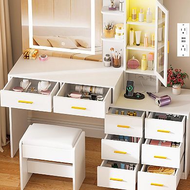 51.8" White Vanity Desk with HD Mirror, RGB Lights, 3 Modes, 8 Drawers, Charging Station