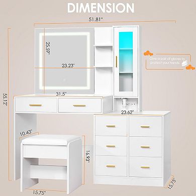 51.8" White Vanity Desk with HD Mirror, RGB Lights, 3 Modes, 8 Drawers, Charging Station
