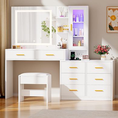 51.8" White Vanity Desk with HD Mirror, RGB Lights, 3 Modes, 8 Drawers, Charging Station
