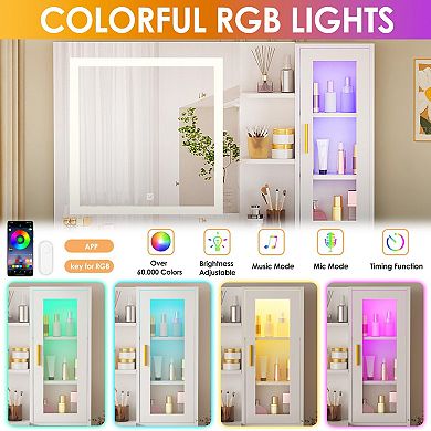 51.8" White Vanity Desk with HD Mirror, RGB Lights, 3 Modes, 8 Drawers, Charging Station