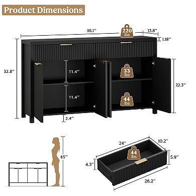 55" Fluted Wood Sideboard with Adjustable Shelves