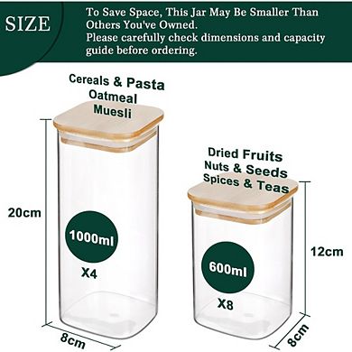 Great Ambitions 12-Pack Square Glass Storage Jars with Lids, 0.6Qt/1.06Qt, Pantry Organizers
