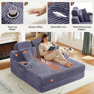 CEWOR 66.3" W Corduroy Chaise Lounge Sofa, Deep Seat Oversized Compression Sleeper Sofa Bed