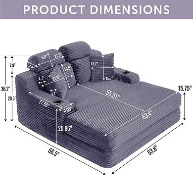 CEWOR 66.3" W Corduroy Chaise Lounge Sofa, Deep Seat Oversized Compression Sleeper Sofa Bed