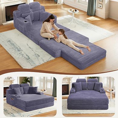 CEWOR 66.3" W Corduroy Chaise Lounge Sofa, Deep Seat Oversized Compression Sleeper Sofa Bed