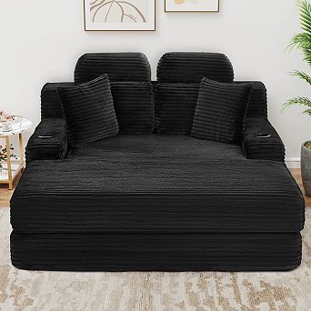 CEWOR 66.3" W Corduroy Chaise Lounge Sofa, Deep Seat Oversized Compression Sleeper Sofa Bed