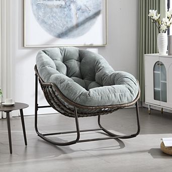 GOODSILO Oversized Synthetic Rattan Rocking Recliner Chair with Padded Cushion