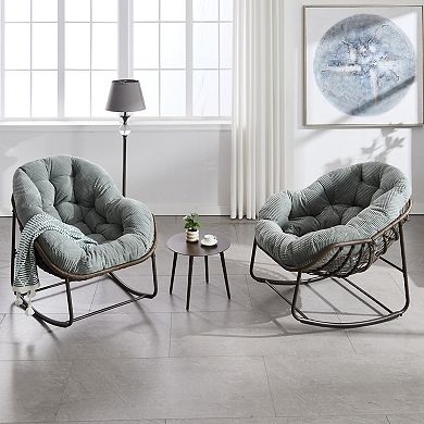 GOODSILO Oversized Synthetic Rattan Rocking Recliner Chair with Padded Cushion