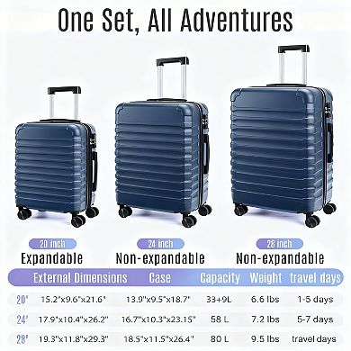 3 Piece Hard Shell Luggage Set with TSA Lock and Spinner Wheels