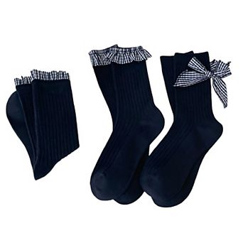 3-Pair Ribbed Crew Socks Set with Ruffle Trim Bow Accent Soft Stretch Fabric Classic Everyday Fit