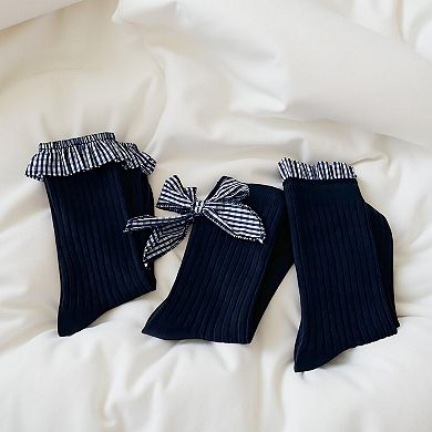 3-Pair Ribbed Crew Socks Set with Ruffle Trim Bow Accent Soft Stretch Fabric Classic Everyday Fit