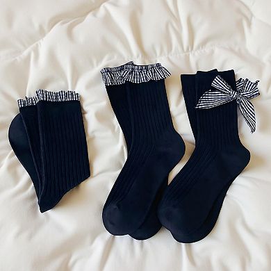 3-Pair Ribbed Crew Socks Set with Ruffle Trim Bow Accent Soft Stretch Fabric Classic Everyday Fit