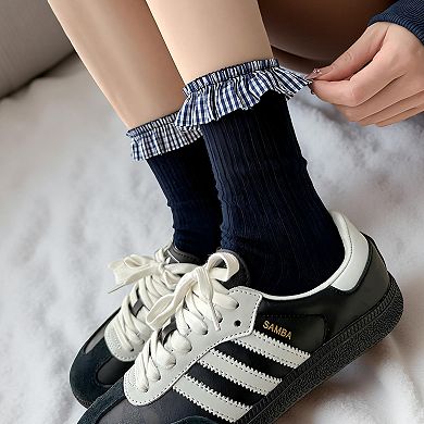 3-Pair Ribbed Crew Socks Set with Ruffle Trim Bow Accent Soft Stretch Fabric Classic Everyday Fit