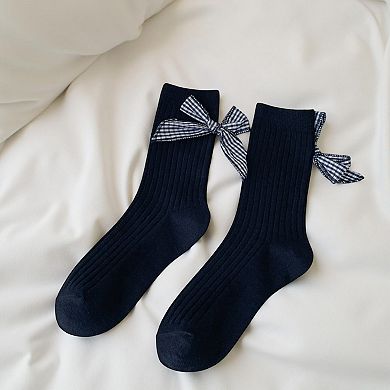 3-Pair Ribbed Crew Socks Set with Ruffle Trim Bow Accent Soft Stretch Fabric Classic Everyday Fit