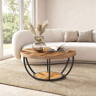 2-Tier Round Wood Coffee Table for Living Room