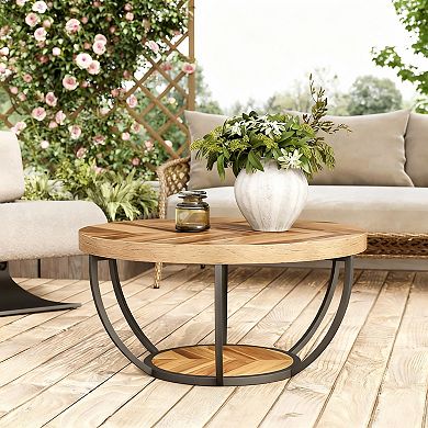 2-Tier Round Wood Coffee Table for Living Room