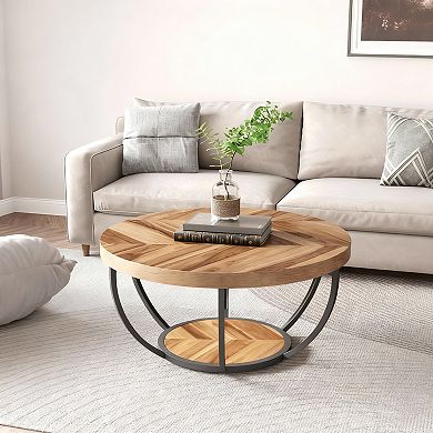 2-Tier Round Wood Coffee Table for Living Room