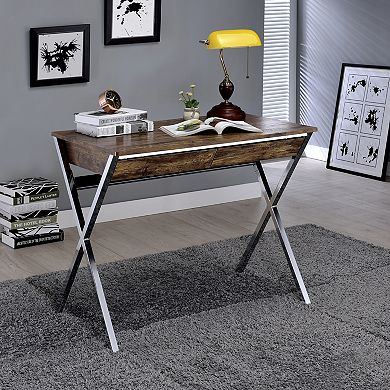 GOODSILO Modern Writing Desk with Weathered Oak Top and Chrome Metal Legs