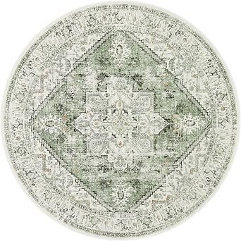 5ft Round Sage Green Rug Low-Pile, Washable, Soft for Bedroom or Entryway