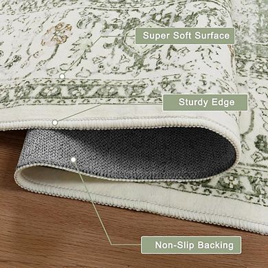 5ft Round Sage Green Rug Low-Pile, Washable, Soft for Bedroom or Entryway