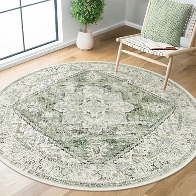 5ft Round Sage Green Rug Low-Pile, Washable, Soft for Bedroom or Entryway