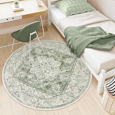 5ft Round Sage Green Rug Low-Pile, Washable, Soft for Bedroom or Entryway