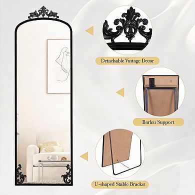 Arched Full Length Mirror with Stand Carved Metal Frame 65"X21"